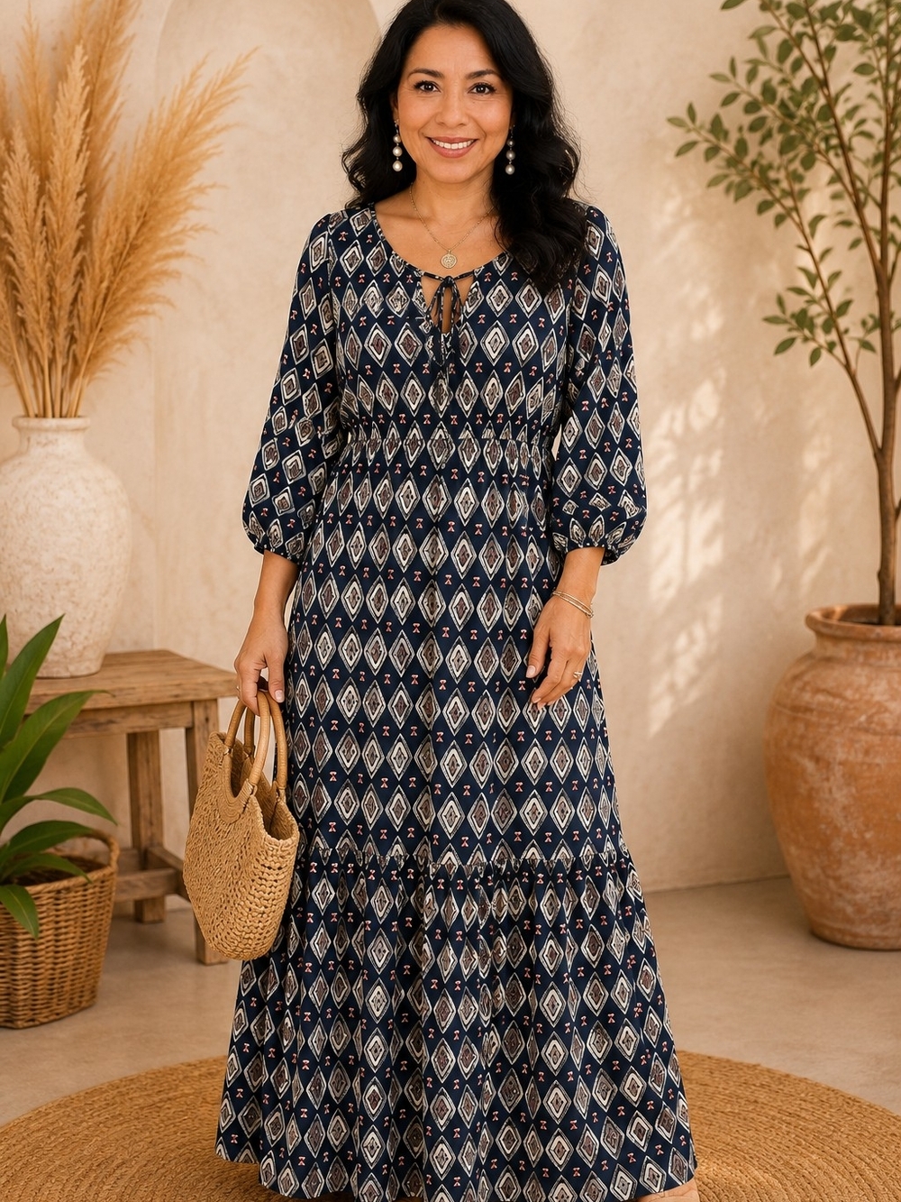 SHEIN Navy Geometric Tie-Front Maxi Dress